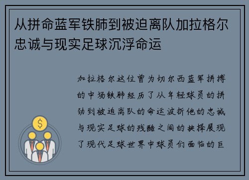 从拼命蓝军铁肺到被迫离队加拉格尔忠诚与现实足球沉浮命运 从拼命蓝军铁肺到被迫离队加拉格尔忠诚与现实足球沉浮命运